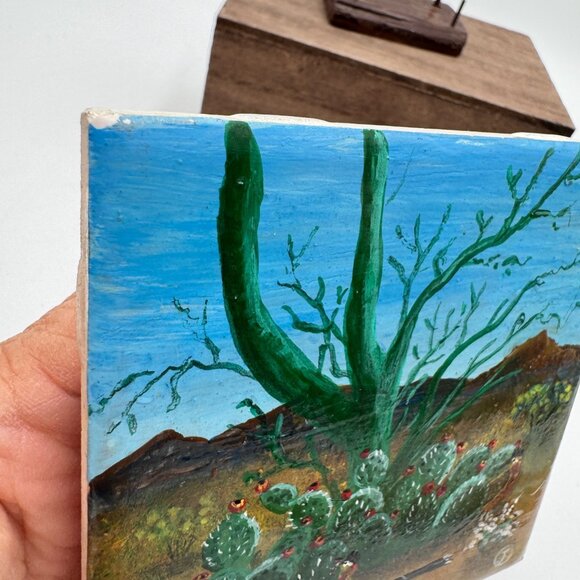 Prickly pear road runner painted tile southwest Arizona scene blue sky small tin - Picture 6 of 16